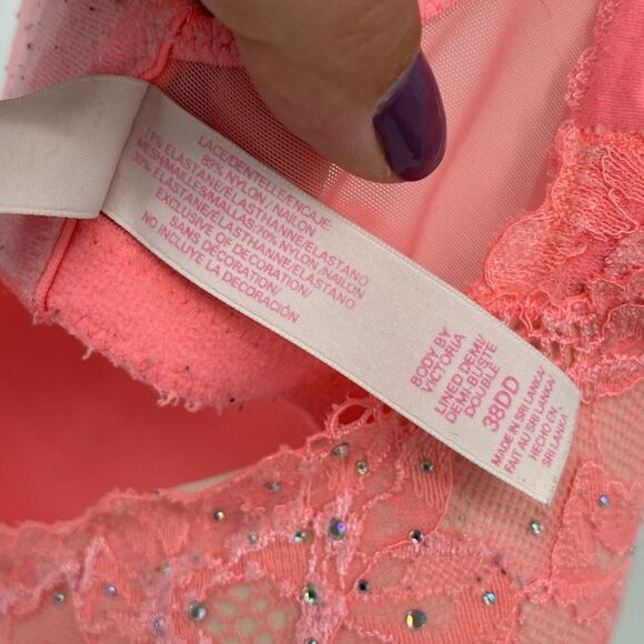 Victoria's Secret Salmon Pink Lace Sparkle Body by Victoria Lined Demi 38DD - Picture 4 of 8